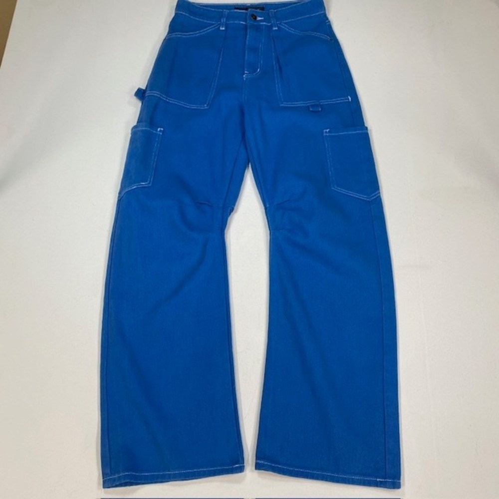 Lioness Miami Vice Pants Blue High Rise Wide Leg Cargo Contrast Stitch XS NEW